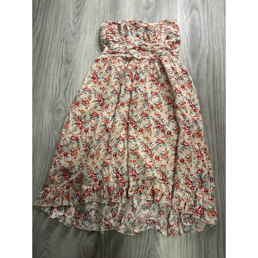 Easel Strapless Floral Ruffle Hem Dress Womens Medium Cream Red Blue Boho